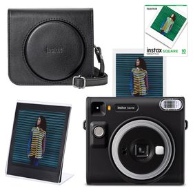 Instax SQ40 Siyah 10'lu Kare Film Deri Kılıf Pleksi Çerçeve ve Fotoğraf Makinesi