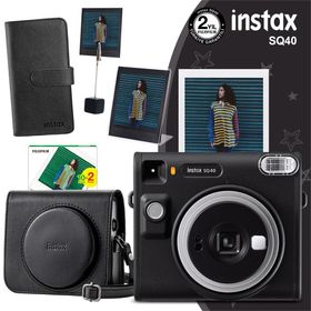 Instax SQ40 Siyah 20'li Kare Film Deri Kılıf Albüm Pleksi Çerçeve Kıskaçlı Stand ve Fotoğraf Makinesi