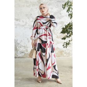 Instyle Delya Bordo Parça Desen Kuşaklı Tesettür Elbise