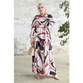 Instyle Delya Bordo Parça Desen Kuşaklı Tesettür Elbise
