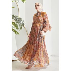 Instyle Elinor Hardal Şal Desen Piliseli Şifon Tesettür Elbise