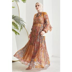 Instyle Elinor Hardal Şal Desen Piliseli Şifon Tesettür Elbise