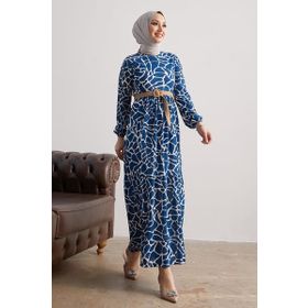 Instyle Else İndigo Taş Desenli Hasır Kemerli Elbise