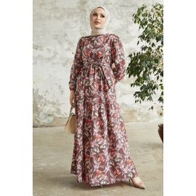 Instyle Felara Acı Kahve Çiçek Desen Kuşaklı Tesettür Elbise
