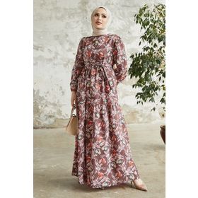 Instyle Felara Acı Kahve Çiçek Desen Kuşaklı Tesettür Elbise