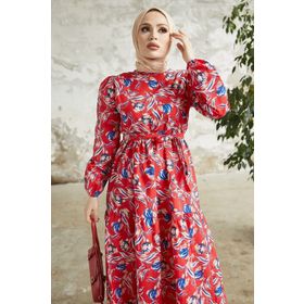 Instyle Felara Kırmızı Çiçek Desen Kuşaklı Elbise