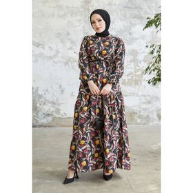 Instyle Felara Siyah Çiçek Desen Kuşaklı Tesettür Elbise