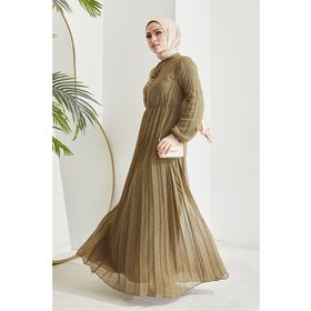 Instyle Haki Ramona Çıtır Desen Piliseli Şifon Tesettür Elbise