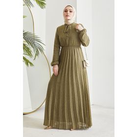 Instyle Haki Ramona Çıtır Desen Piliseli Şifon Tesettür Elbise