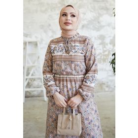 Instyle Misa Açık Kahve Şeritli Çiçekli Jakarlı Yoryo Şifon Elbise