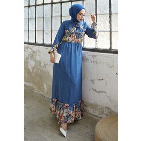 Instyle More İndigo Çiçekli Jakarlı Yoryo Şifon Elbise