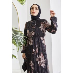 Instyle Serena Çiçek Desen Piliseli Şifon Tesettür Siyah Elbise