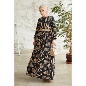 InStyle Vesa Desenli Hasır Kemerli Siyah Tesettür Elbise