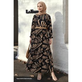 InStyle Vesa Desenli Hasır Kemerli Siyah Tesettür Elbise