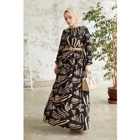 InStyle Vesa Desenli Hasır Kemerli Siyah Tesettür Elbise