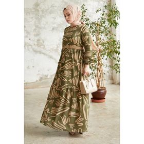 InStyle Vesa Desenli Hasır Kemerli Tesettür Haki Elbise