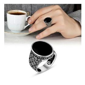 İpek Silver 925 Ayar Gümüş Örgü Desenli Siyah Oniks Taşlı Oval Erkek Yüzük