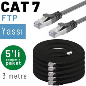 IRENIS CAT7 Siyah 3 mt Yassı FTP 5 Adet Network Ethernet Kablosu