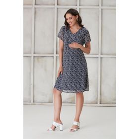 Işşıl 4521 Pileli V Yaka Kalp Desen Hamile Mini Şifon Mavi Elbise