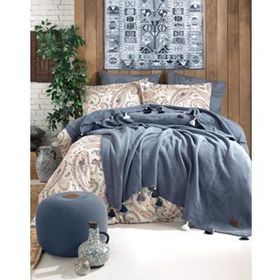 İyi Geceler İstanbul Boho Chic Çift Kişilik Püsküllü Battaniyeli Cobalt Mavi Nevresim Seti