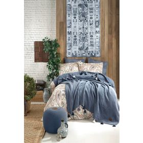 İyi Geceler İstanbul Boho Chic Çift Kişilik Püsküllü Battaniyeli Cobalt Mavi Nevresim Seti