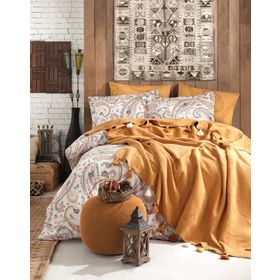 İyi Geceler İstanbul Boho Chic Çift Kişilik Püsküllü Battaniyeli Hardal Nevresim Seti