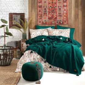 İyi Geceler İstanbul Boho Chic Çift Kişilik Püsküllü Battaniyeli Zümrüt Yeşil Nevresim Seti