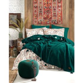 İyi Geceler İstanbul Boho Chic Çift Kişilik Püsküllü Battaniyeli Zümrüt Yeşil Nevresim Seti
