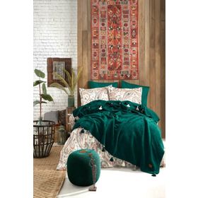 İyi Geceler İstanbul Boho Chic Çift Kişilik Püsküllü Battaniyeli Zümrüt Yeşil Nevresim Seti
