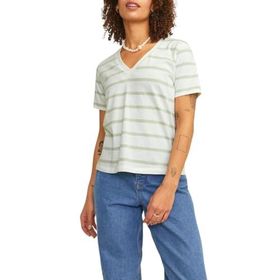 Jack & Jones Jxannie Reg Vneck Stripe SS TEE JRS Vanilya Rengi Kadın T-shirt