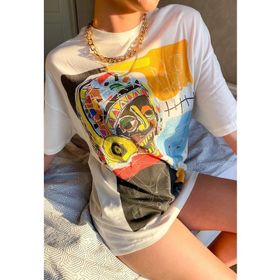 JAHR MARC Kadın Renkli Baskılı Oversize Beyaz Kadın Elbise T-shirt