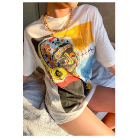 JAHR MARC Kadın Renkli Baskılı Oversize Beyaz Kadın Elbise T-shirt