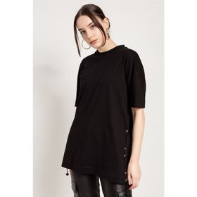 JAHR MARC Yanları Lastikli Oversize Siyah Kadın T-shirt Elbise