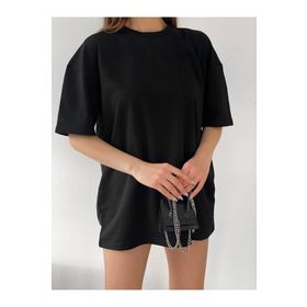 Jakarlı Unisex Siyah Bisiklet Yaka Pamuk Oversize Boyfriend T-shirt