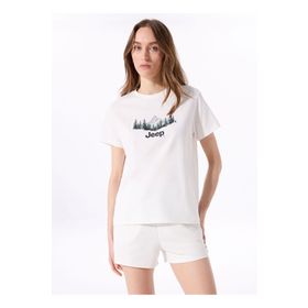 Jeep J4SL-TST7034 Bisiklet Yaka Baskılı Kırık Beyaz Kadın T-shirt