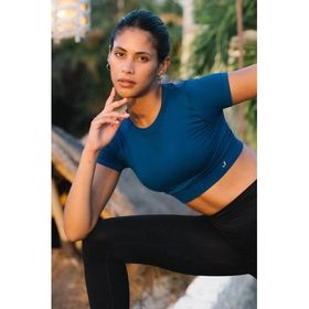 Jerf Captiva Yumuşak Dokulu Esnek Solid Lacivert Crop Top Kadın T-shirt