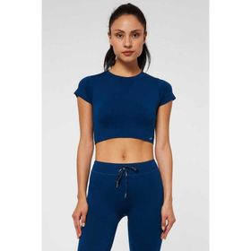 Jerf Captiva Yumuşak Dokulu Esnek Solid Lacivert Crop Top Kadın T-shirt