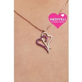 Jewelmim 925 Ayar Kalp Altın Kaplama Taşlı Çift Kadın Gümüş Kolye