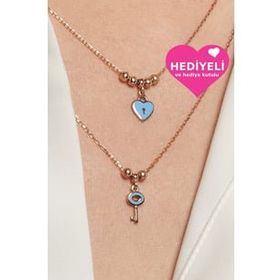 Jewelmim 925 Ayar Mavi Kalp Anahtar Dorika Toplu Kadın Gümüş Kolye