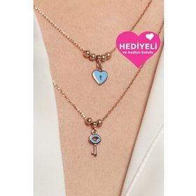Jewelmim 925 Ayar Mavi Kalp Anahtar Dorika Toplu Kadın Gümüş Kolye
