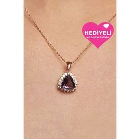 Jewelmim 925 Ayar Mor Ametist Renkli Üçgen Zirkon Taşlı Kadın Gümüş Kolye