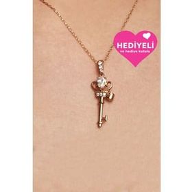 Jewelmim 925 Ayar Taşlı Anahtar Altın Kaplama Kadın Gümüş Kolye