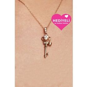 Jewelmim 925 Ayar Taşlı Anahtar Altın Kaplama Kadın Gümüş Kolye