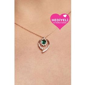 Jewelmim 925 Ayar Yeşil Oval Zirkon Taşlı Altın Kaplama Kadın Gümüş Kolye