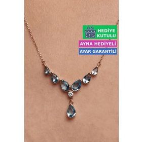 Jewelmim Akuamarin Renkli Damla Zirkon Taşlı Kolye 925 Ayar Kadın Gümüş Kolye