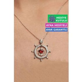 Jewelmim Gümüş Gemi Dümeni Taşlı Gümüş Gemi Çapası Dümen Kadın Kolye