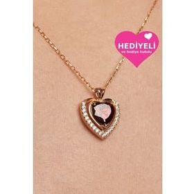 Jewelmim Kadın Kalp Kolye Kırmızı Taşlı Kalp Kolye 925 Ayar Gümüş Kalp Kolye
