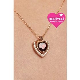 Jewelmim Kadın Kalp Kolye Kırmızı Taşlı Kalp Kolye 925 Ayar Gümüş Kalp Kolye