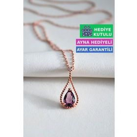 Jewelmim Mor Damla Kolye Damla Taşlı Gümüş Kolye 925 Ayar Gümüş Damla Kolye
