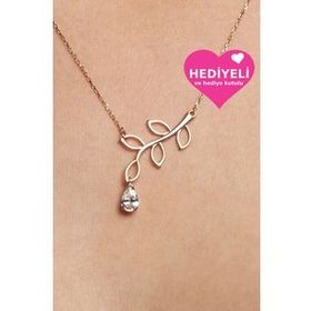 Jewelmim Yaprak Gümüş Kolye Damla Taşlı 925 Ayar Gümüş Yaprak Kolye
